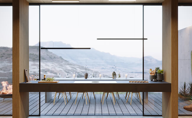 A downdraft induction cooktop on a floating island.