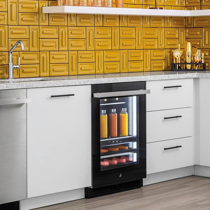 A modern home bar with an undercounter ice maker