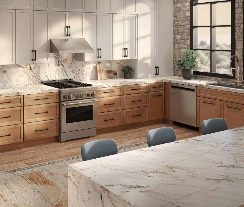 A modern open-concept kitchen with a built-in refrigerator and large kitchen island for entertaining.