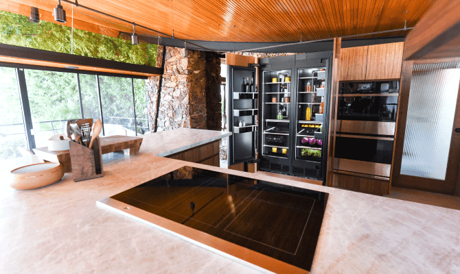 Open refrigerator in a high-end kitchen