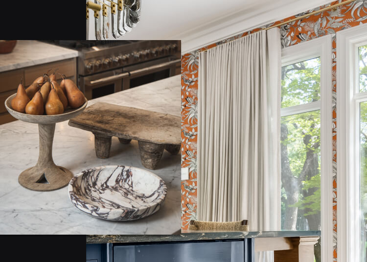 Series of images depicting rustic decor, Maximalist wall paper in contemporary luxury kitchens.