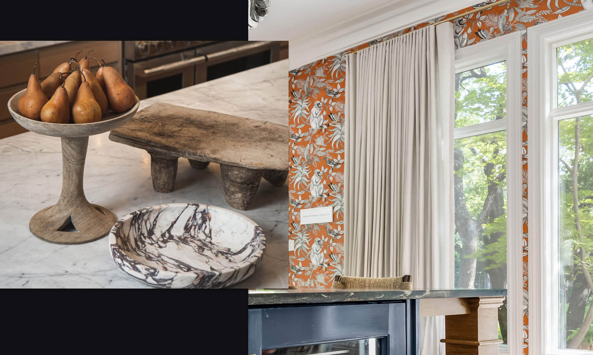 Series of images depicting rustic decor, Maximalist wall paper in contemporary luxury kitchens.
