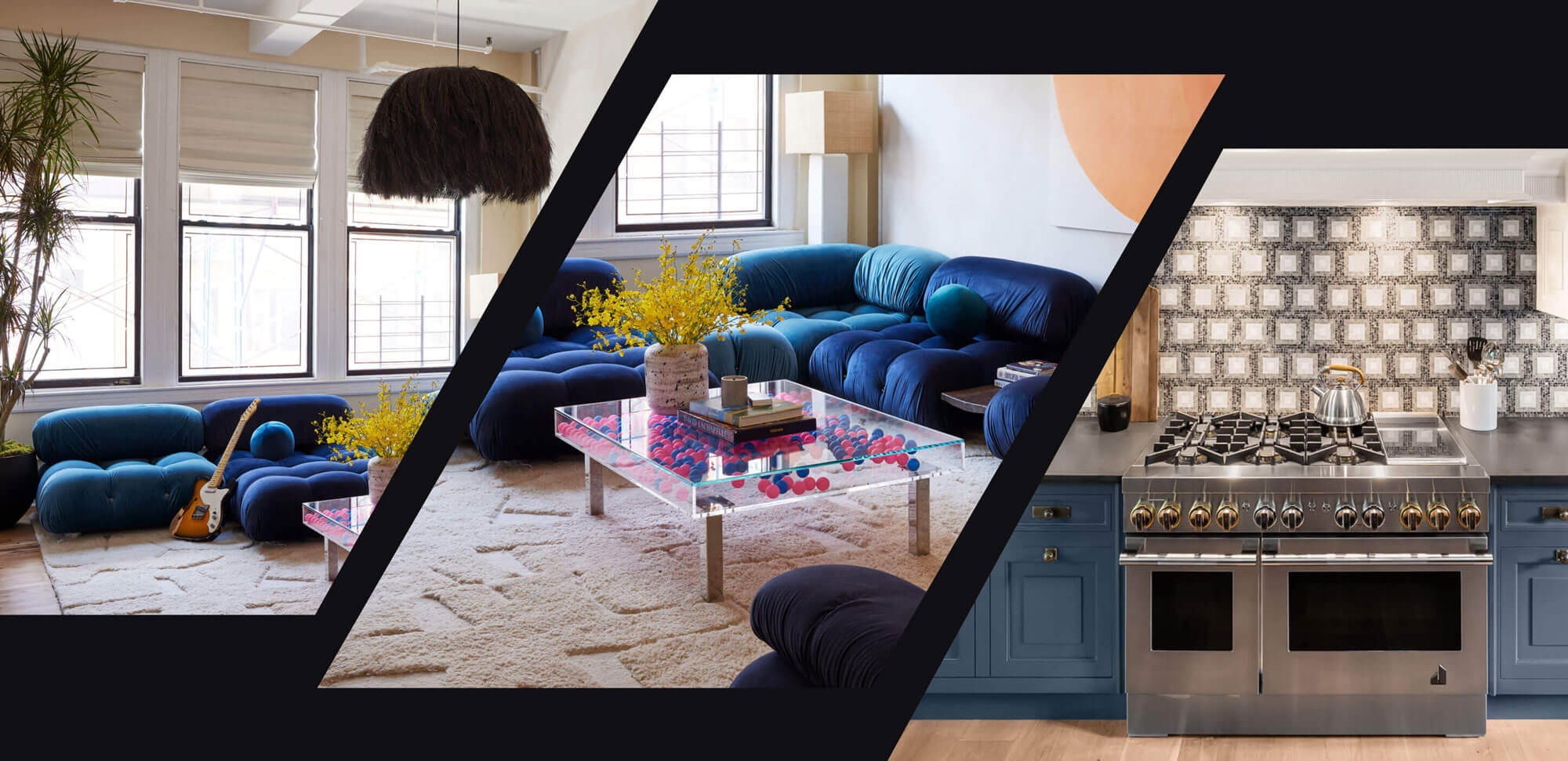 A collage of a loft apartment filled with fun color and texture, paired with a blue kitchen featuring a JennAir® Professional-Style Range.