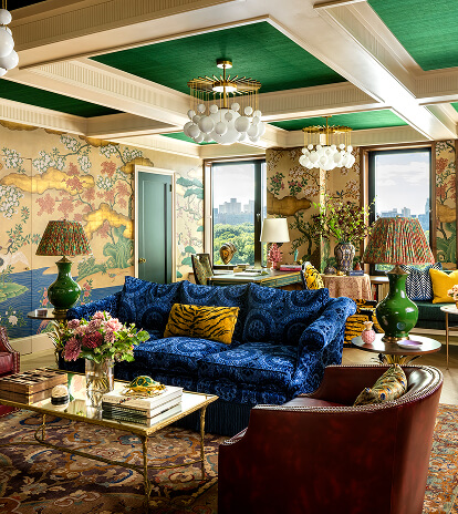 A colorful, patterned living room designed by Corey Damen Jenkins.