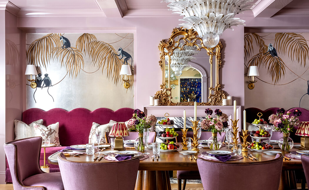 A bold pink dining room designed by Corey Damen Jenkins.