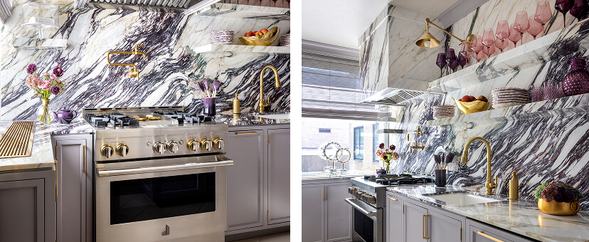 A pair of images featuring a marble kitchen designed by Corey Damen Jenkins.