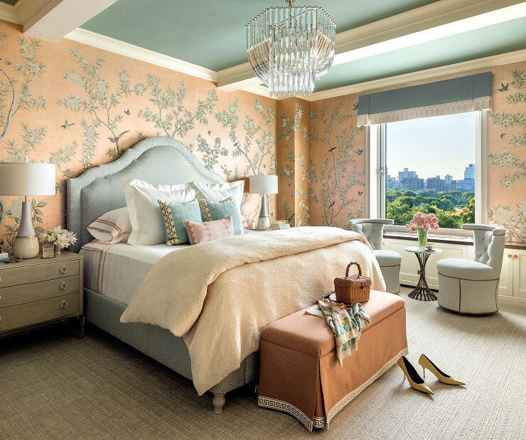 A peach and sage bedroom designed by Corey Damen Jenkins.