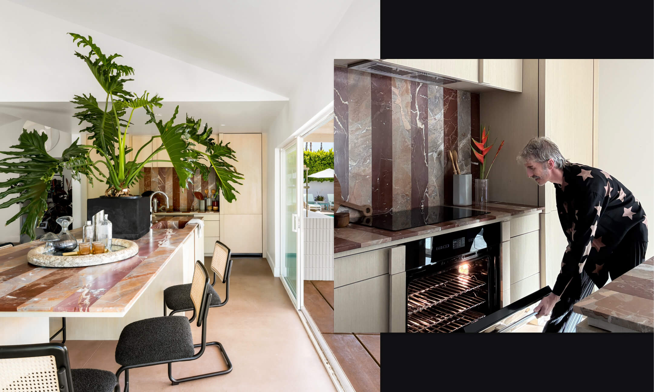 A collage of two images, the first showing a view of the island of the kitchen with a large plant on the island and the second showing Sanders opening the door of the JennAir® oven.