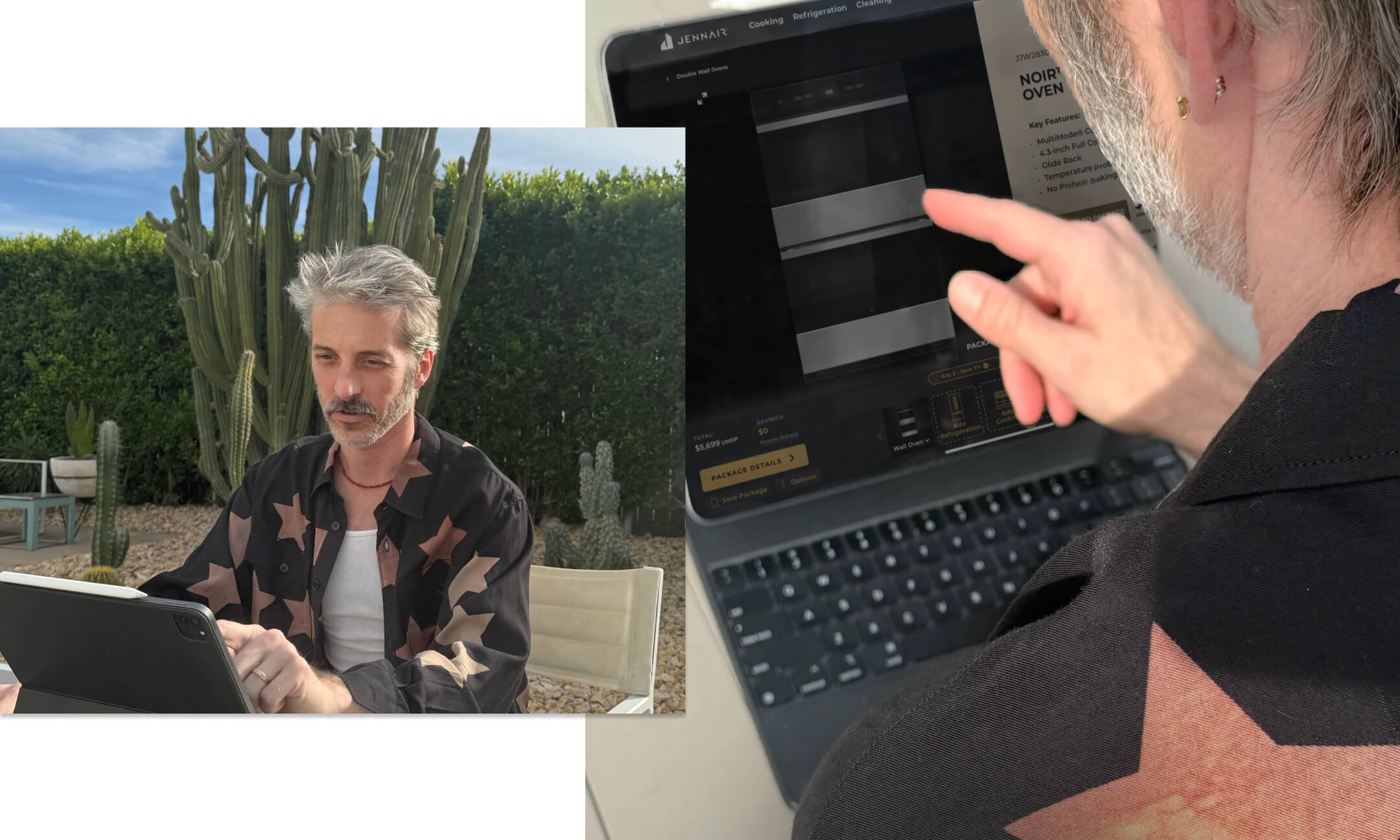 A collage of two images, the first showing Mat Sanders using his table outside and the second showing him looking at products on the JennAir® website on his tablet.