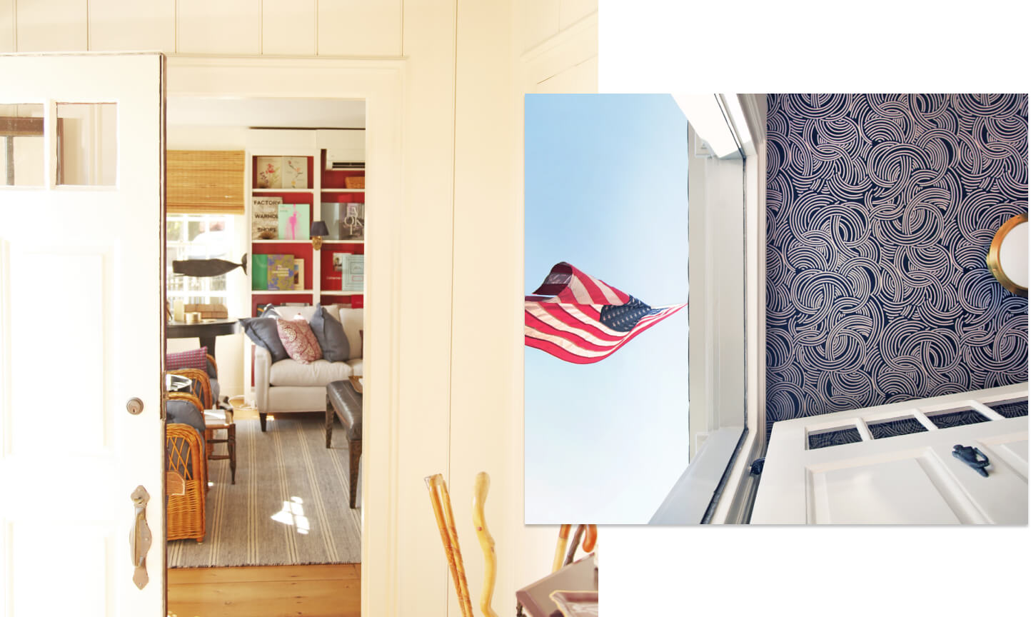A collage of two images, with the first showing the entryway and reading room through the doorway, the second showing the wallpapered ceiling of the foyer and an American flag hanging outside. 