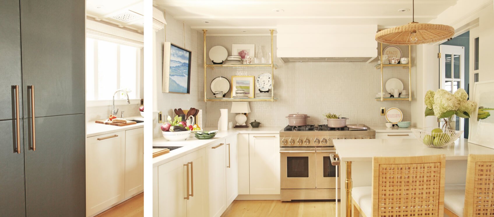 The kitchen, showing the island, a gas range and vent hood. 