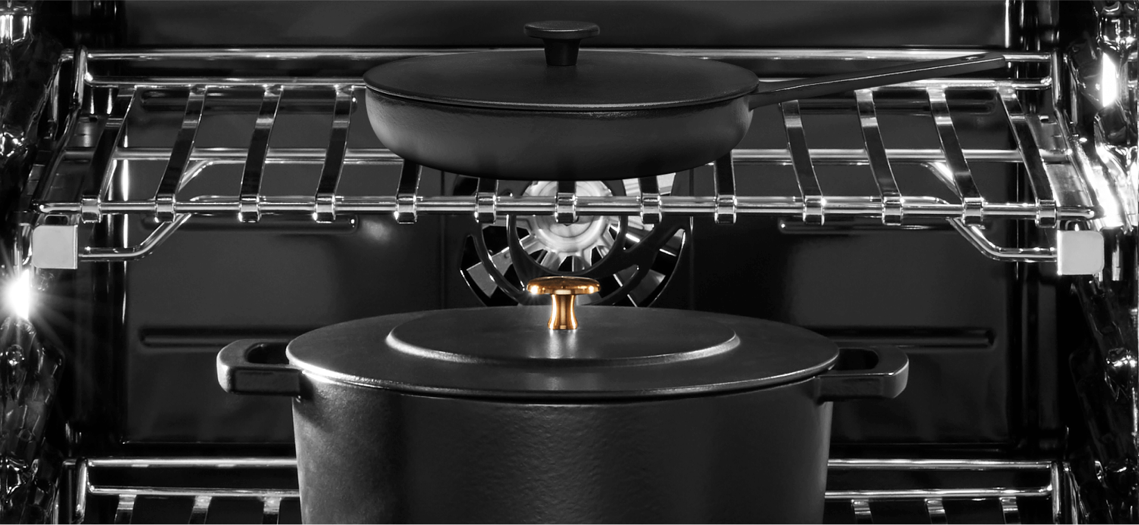 Cookware in a JennAir Wall Oven. 
