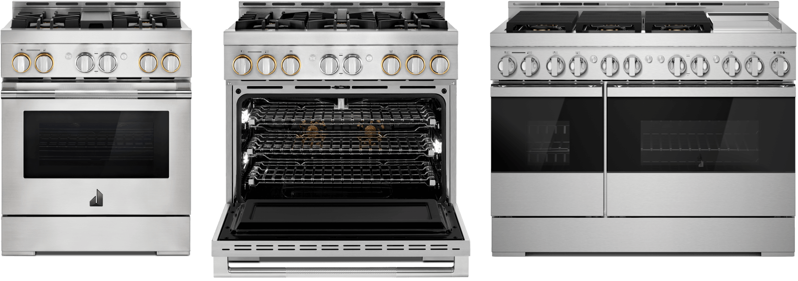 A collection of JennAir® ranges in different sizes and configurations.