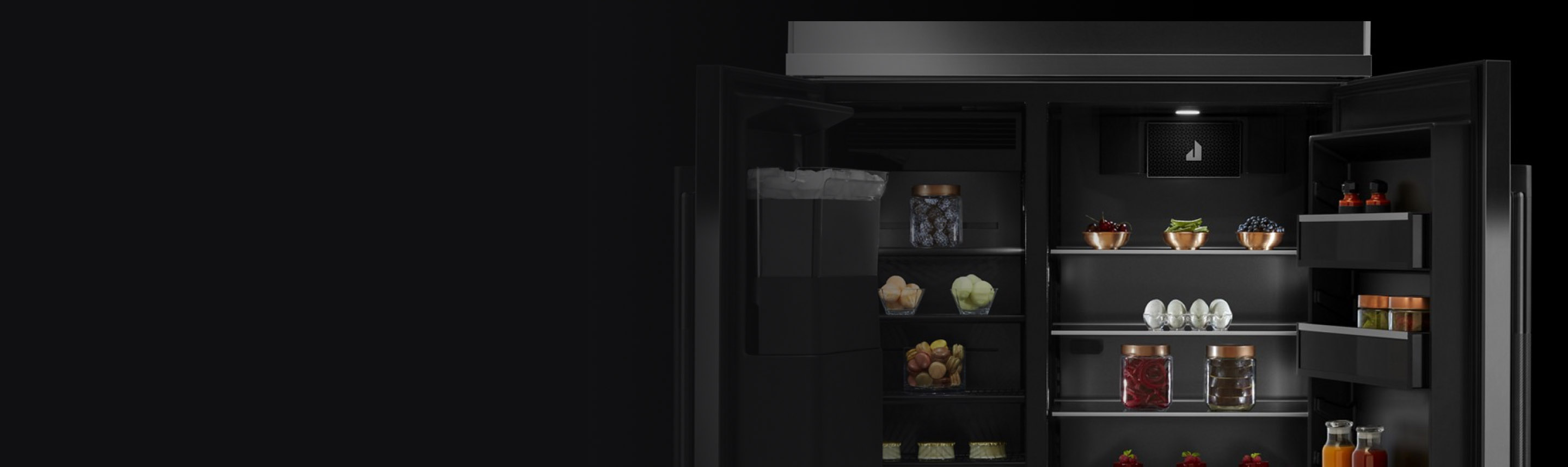 Open French door refrigerator filled with ingredients