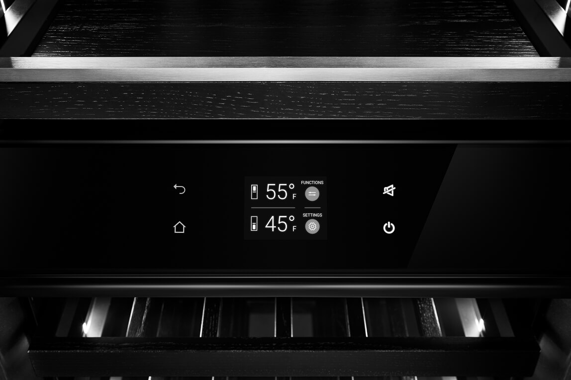 Dual-zone temperature settings on a luxury wine refrigerator.