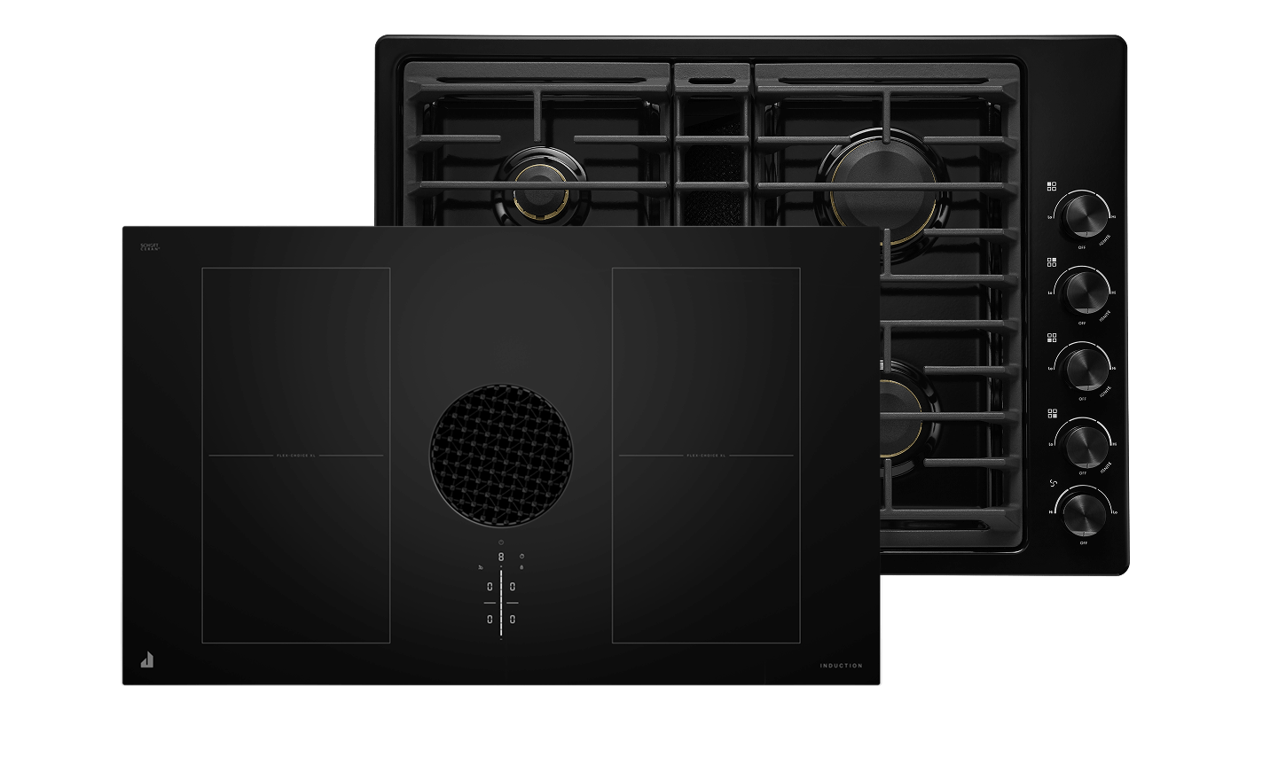 A JennAir® Oblivion Induction Cooktop and a JennAir® Oblivion Gas Cooktop.