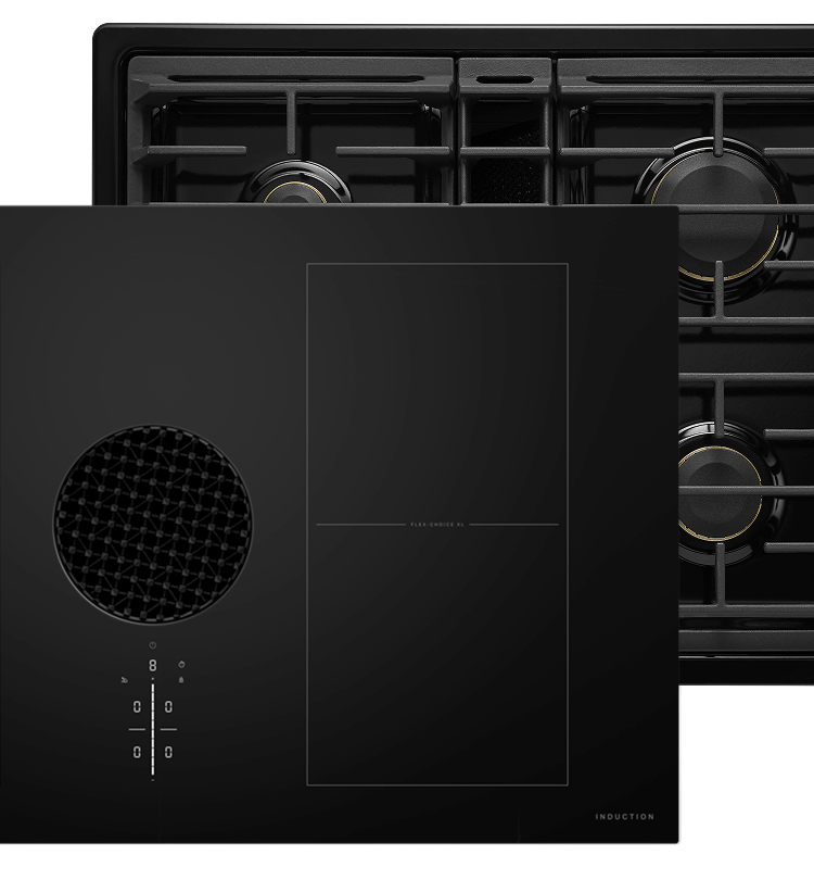 A JennAir® Oblivion Induction Cooktop and a JennAir® Oblivion Gas Cooktop.