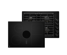 An induction cooktop and a gas cooktop with black glass.