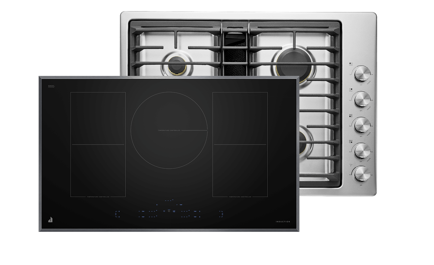 A JennAir® Lustre Induction Cooktop and a JennAir® Lustre Gas Cooktop.