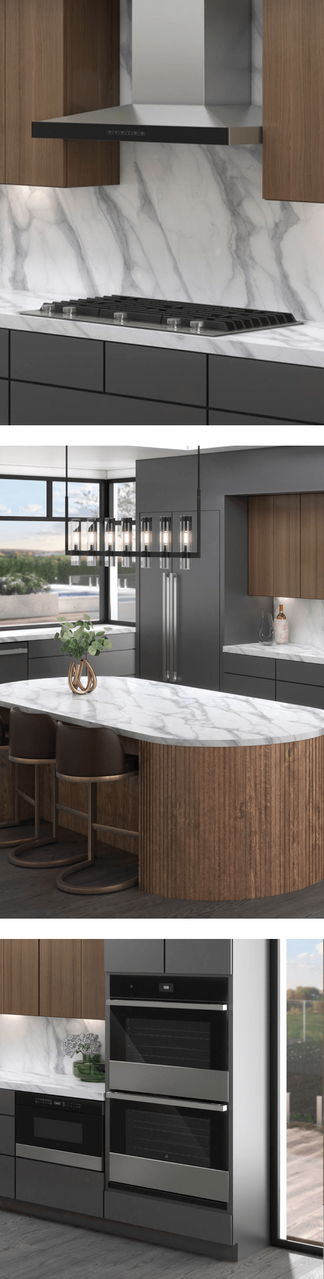 A collage of images featuring a JennAir® gas cooktop, freestanding refrigerator, double wall oven and undercounter microwave drawer.