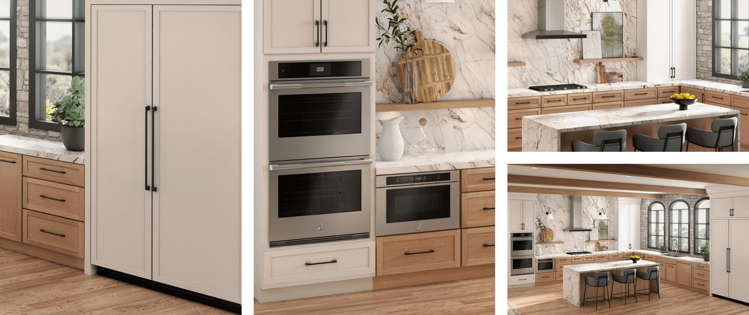 A collage of images including a JennAir® side-by-side built-in refrigerator fitted with white custom panels to match cabinetry; a 30-inch microwave combination wall oven installed in a white kitchen; a cooktop and vent hood installed in a white kitchen; a panel-ready dishwasher installed with a custom panel to match the wooden cabinetry.