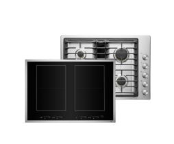 An induction cooktop with brushed metal trim and a brushed metal gas cooktop.