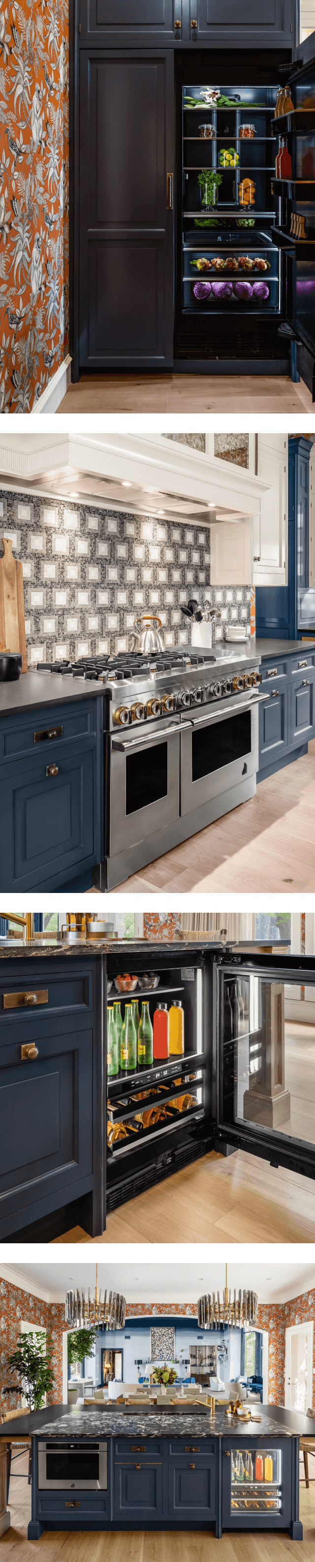 A collage of images including a pair of JennAir® Columns fitted with custom wooden panels; a JennAir® RISE™ Professional-Style Range in the kitchen; an open JennAir® Beverage Center; an overall view of the kitchen showing a microwave drawer and beverage center.