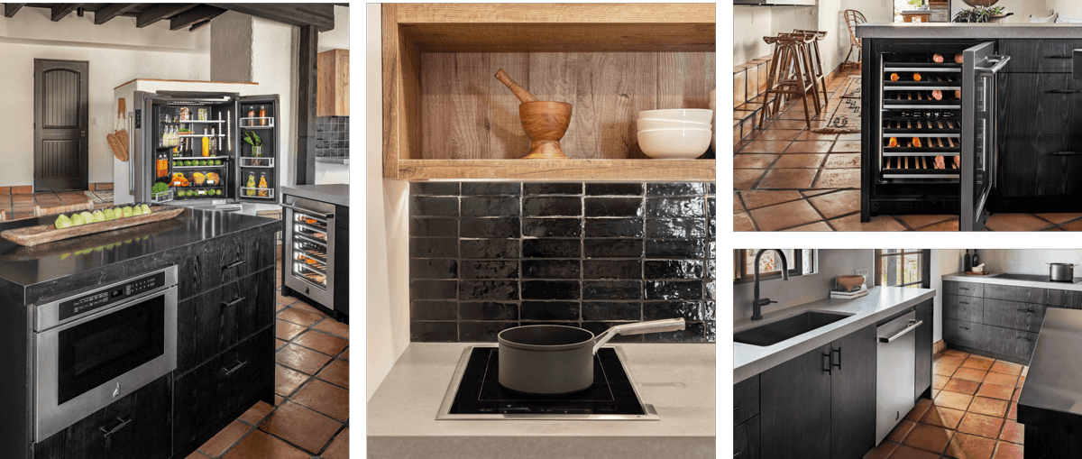 A collage of images including a JennAir® RISE Microwave drawer, an induction cooktop, wine cellar and dishwasher.