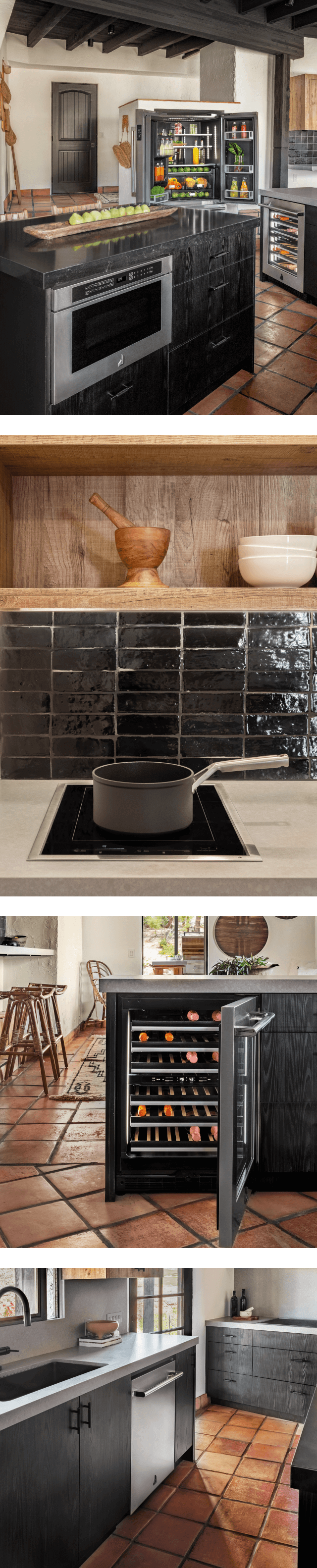 A collage of images including a JennAir® RISE Microwave drawer, an induction cooktop, wine cellar and dishwasher.
