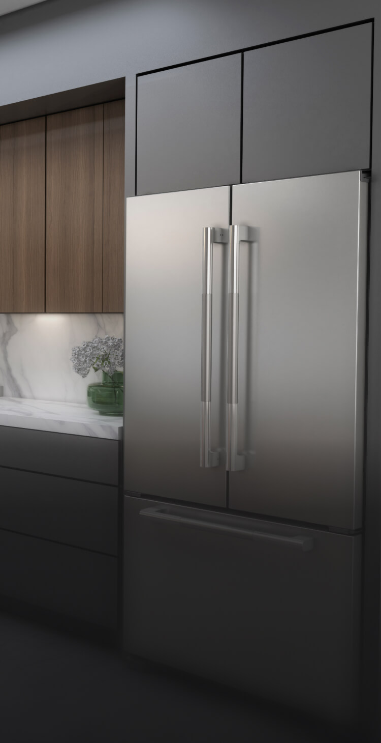 A kitchen featuring JennAir® appliances and a French Door Freestanding Refrigerator.