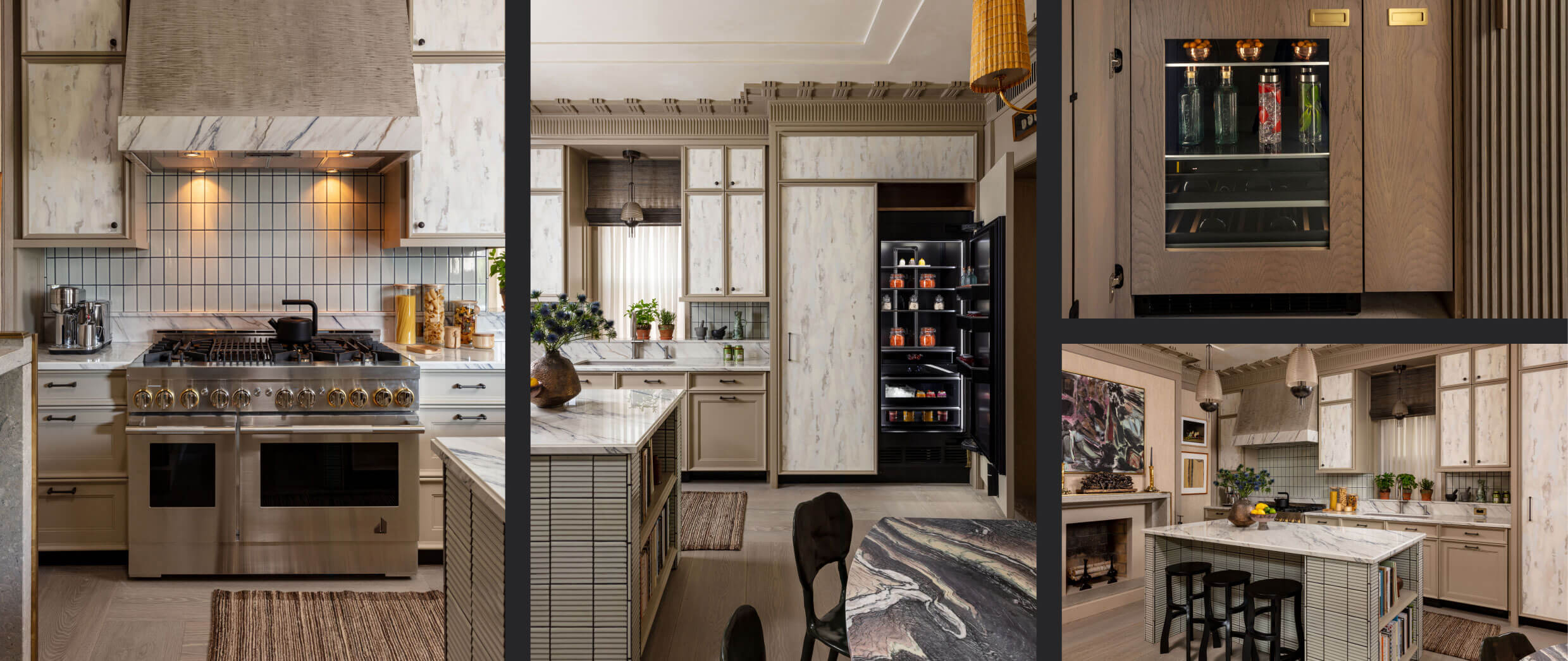 A collage of images including a kitchen featuring a JennAir® Range; a kitchen featuring two JennAir® Columns; close up of a JennAir® Beverage Center fitted with custom wooden panels; a complete view of the kitchen’s design.