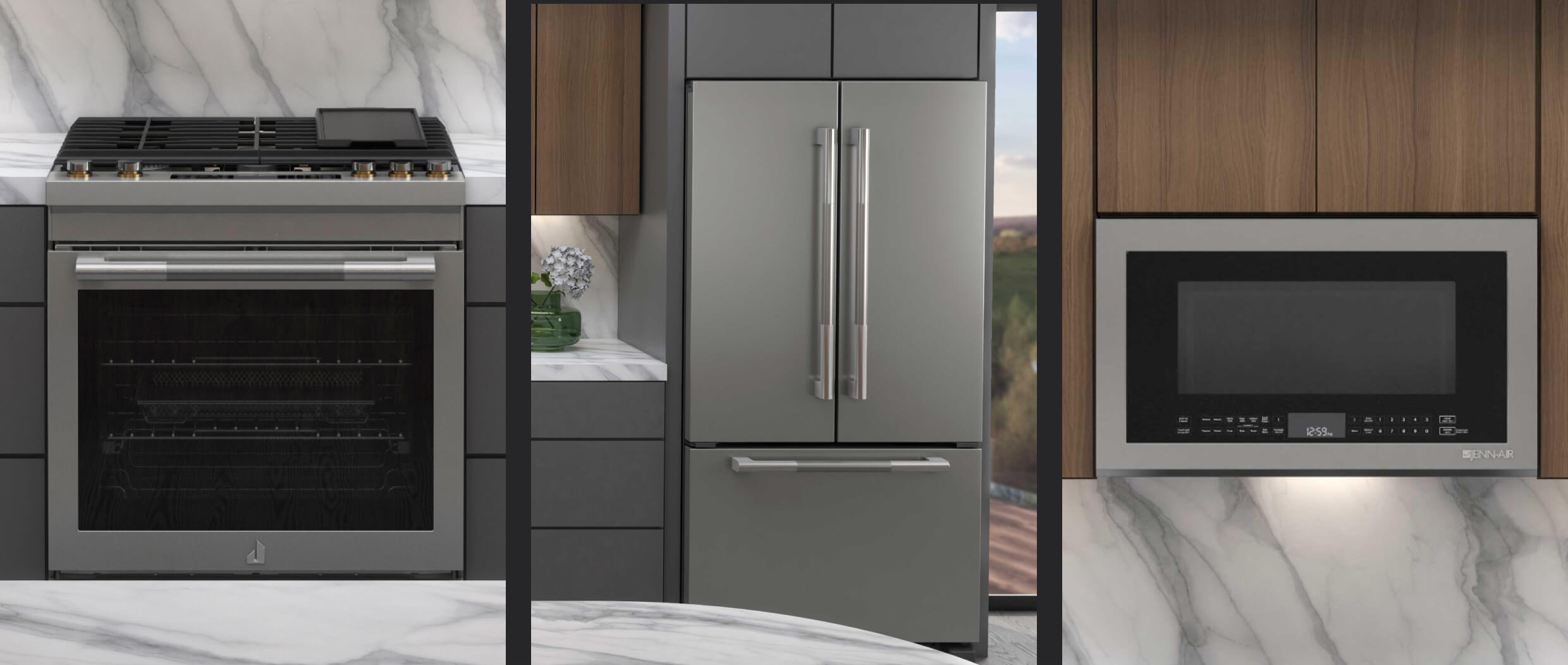 A collage of images including a kitchen featuring a JennAir® Slide-In Range; a JennAir® French Door Freestanding Refrigerator; a close-up of an Over-The-Range Microwave Oven integrated into the cabinetry.