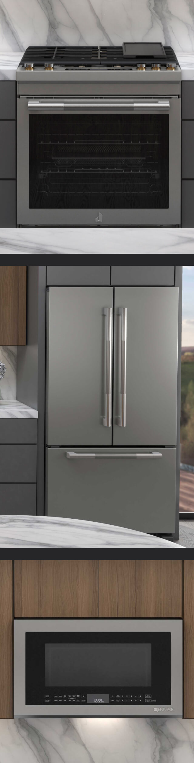 A collage of images including a kitchen featuring a JennAir® Slide-In Range; a JennAir® French Door Freestanding Refrigerator; a close-up of an Over-The-Range Microwave Oven integrated into the cabinetry.