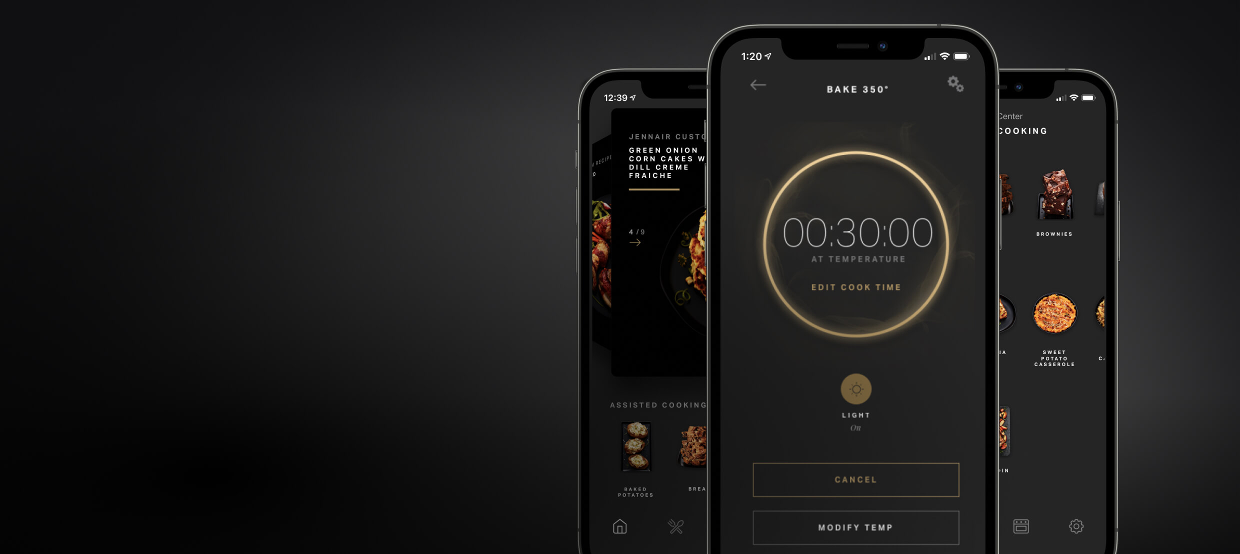 Smartphones showing different capabilities of the Culinary Center app.