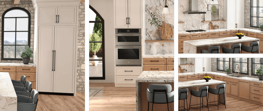 A collage of images including a JennAir® side-by-side built-in refrigerator fitted with white custom panels to match cabinetry; a 30-inch microwave combination wall oven installed in a white kitchen; a cooktop and vent hood installed in a white kitchen; a panel-ready dishwasher installed with a custom panel to match the wooden cabinetry.