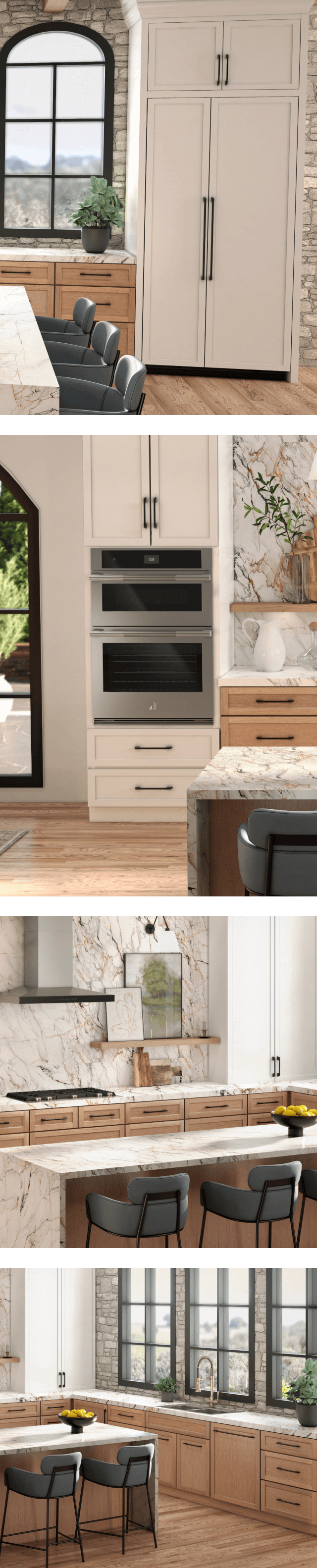A collage of images including a JennAir® side-by-side built-in refrigerator fitted with white custom panels to match cabinetry; a 30-inch microwave combination wall oven installed in a white kitchen; a cooktop and vent hood installed in a white kitchen; a panel-ready dishwasher installed with a custom panel to match the wooden cabinetry.