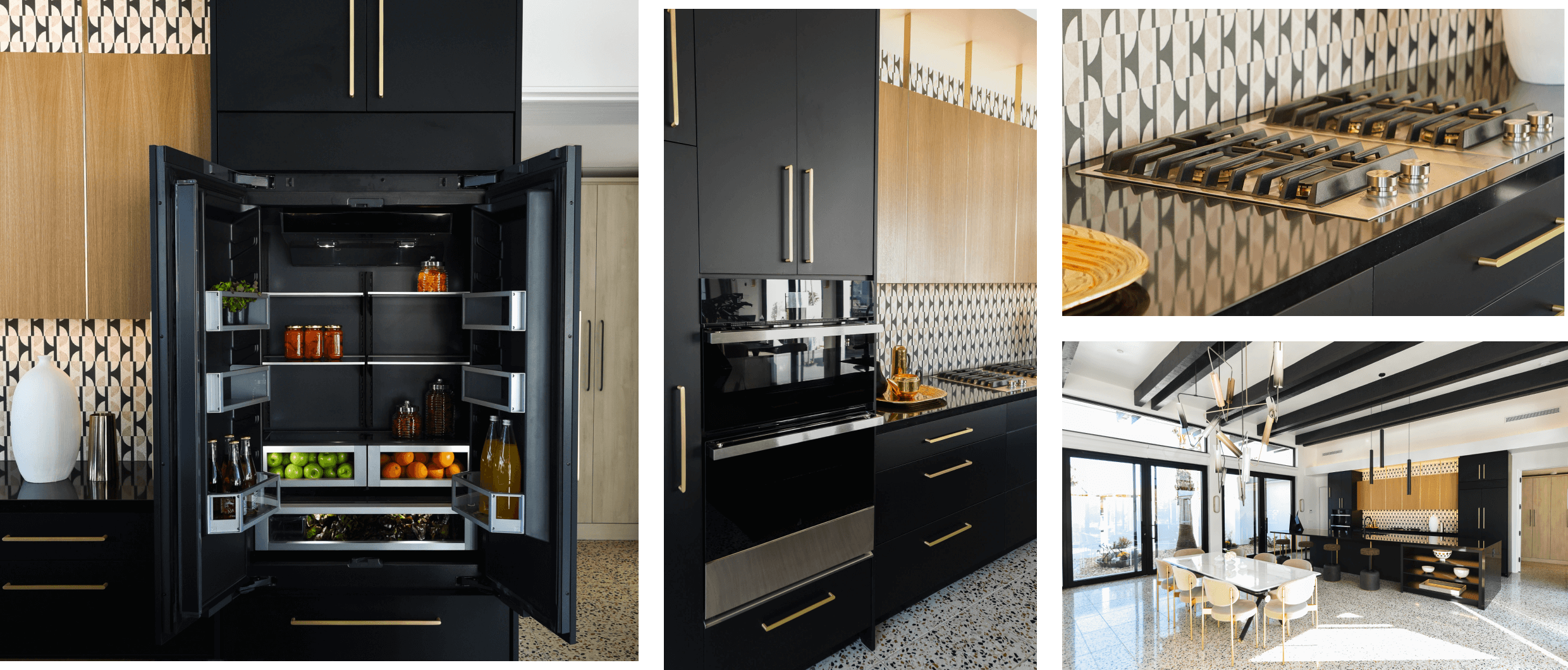 A collage of images including an open, stocked built-in bottom-freezer refrigerator in a modern kitchen with black cabinets; a JennAir® NOIR™ Microwave Combination Wall Oven in a modern kitchen with black cabinets; a gas cooktop in a modern kitchen with black cabinets; expansive view of a modern kitchen with black and white accents.