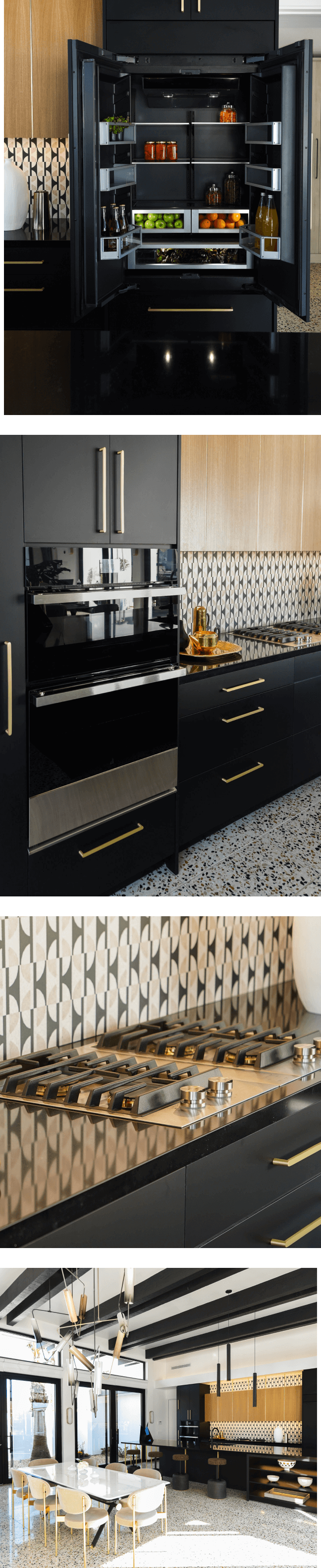 A collage of images including an open, stocked built-in bottom-freezer refrigerator in a modern kitchen with black cabinets; a JennAir® NOIR™ Microwave Combination Wall Oven in a modern kitchen with black cabinets; a gas cooktop in a modern kitchen with black cabinets; expansive view of a modern kitchen with black and white accents.