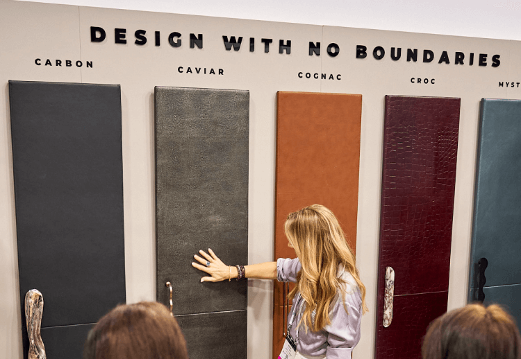 A person interacting with Cuts Leather Panels at KBIS 2024.