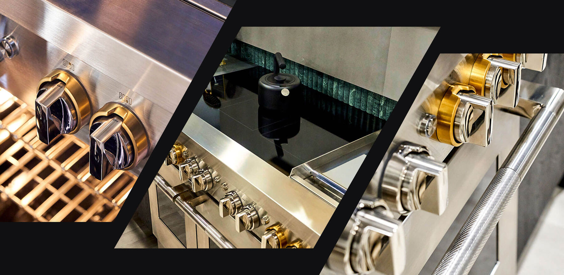 A collage of knobs on various JennAir® ranges.