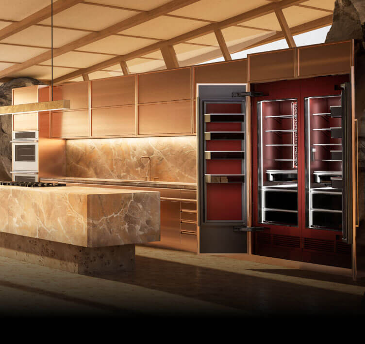 A view of the Burlesque concept kitchen showing off Burlesque against the warm stone tones.