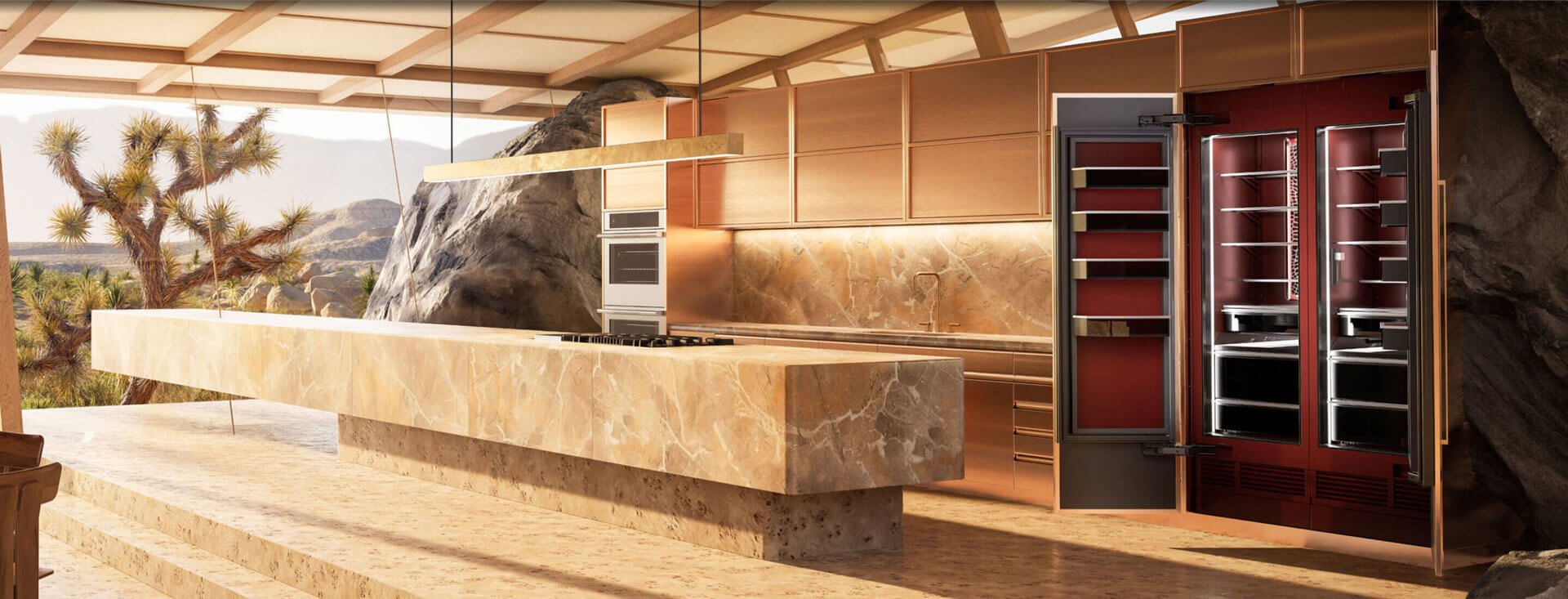 A view of the Burlesque concept kitchen showing off Burlesque against the warm stone tones.