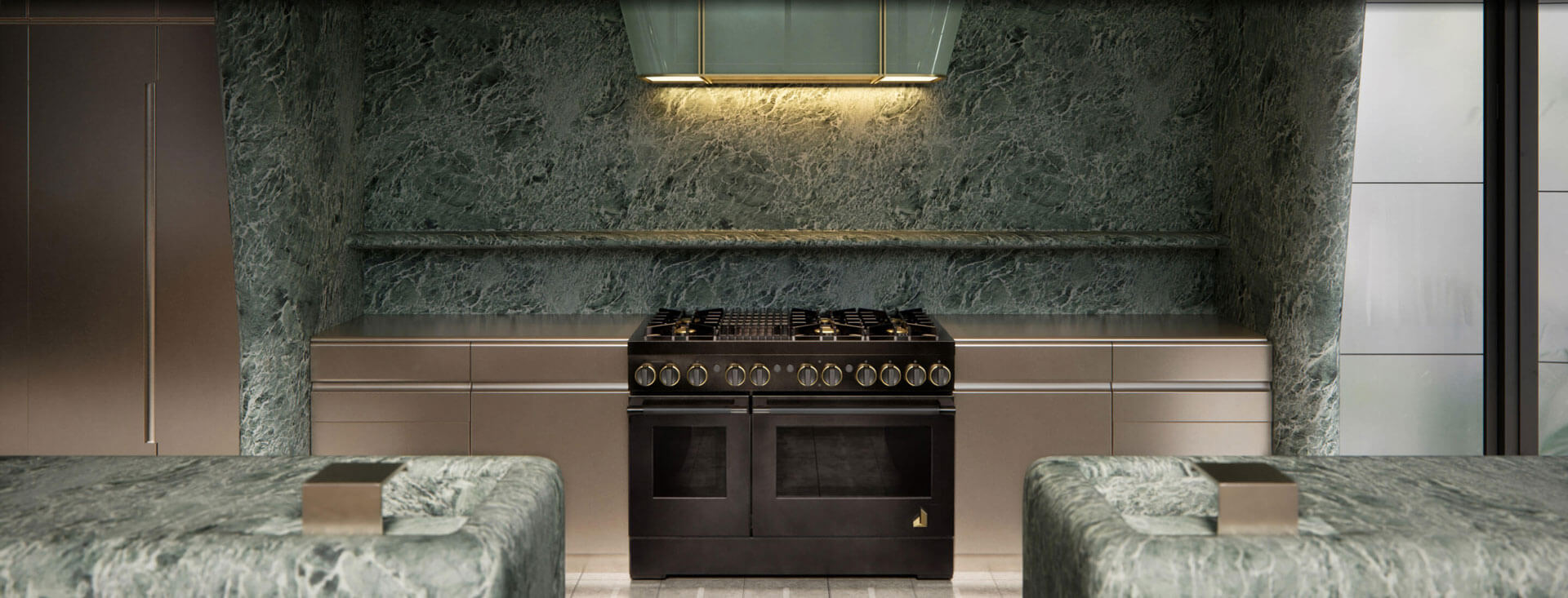 The kitchen designed by Kelly Wearstler in shades of subdued green.