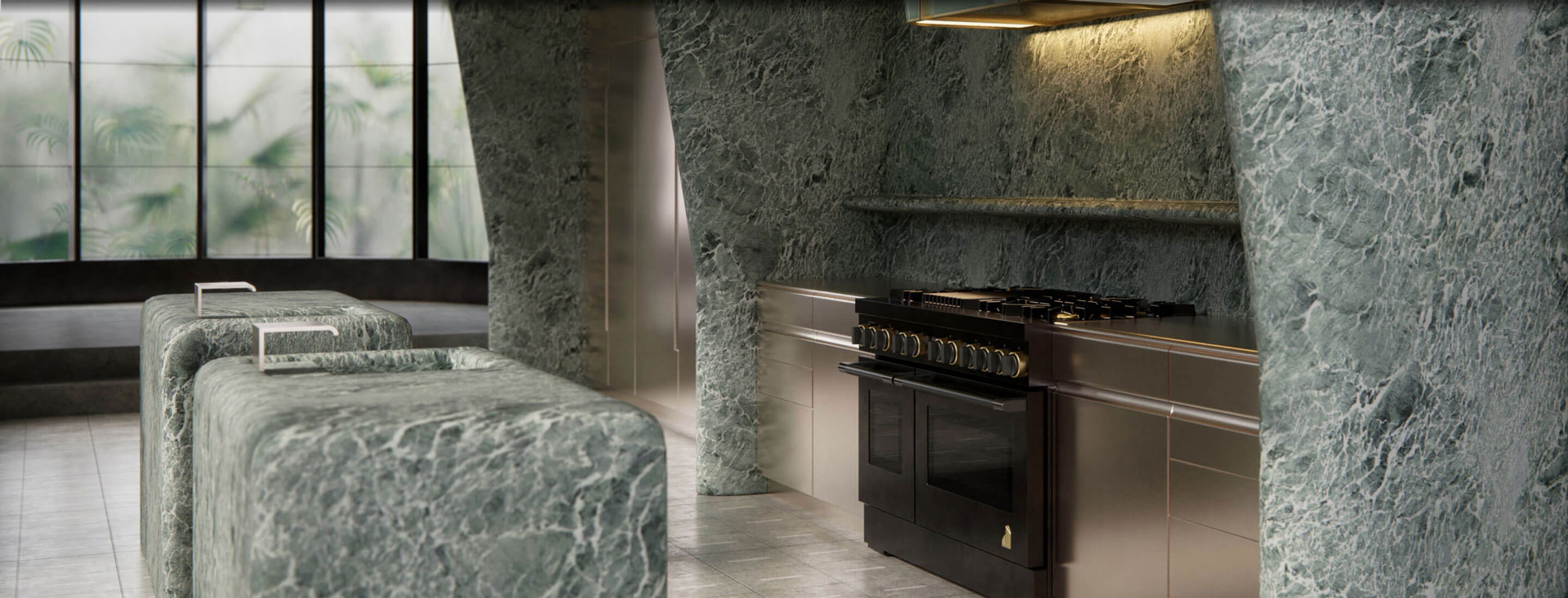 The kitchen designed by Kelly Wearstler in shades of subdued green.