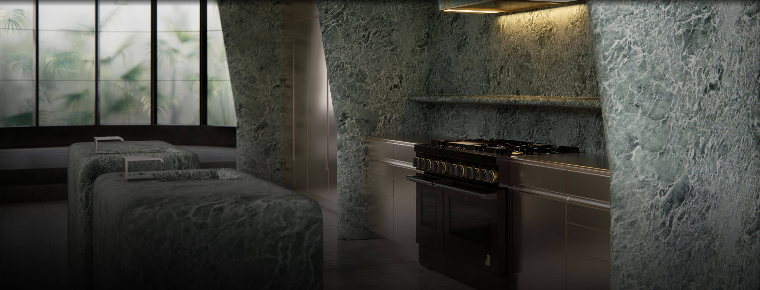 The kitchen designed by Kelly Wearstler in shades of subdued green.
