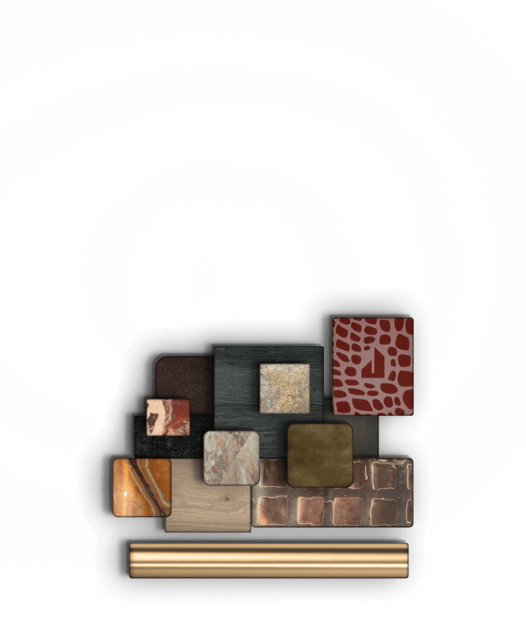 An image of the Burlesque interior paired with Kelly Wearstler's design palette for the virtual kitchen design.