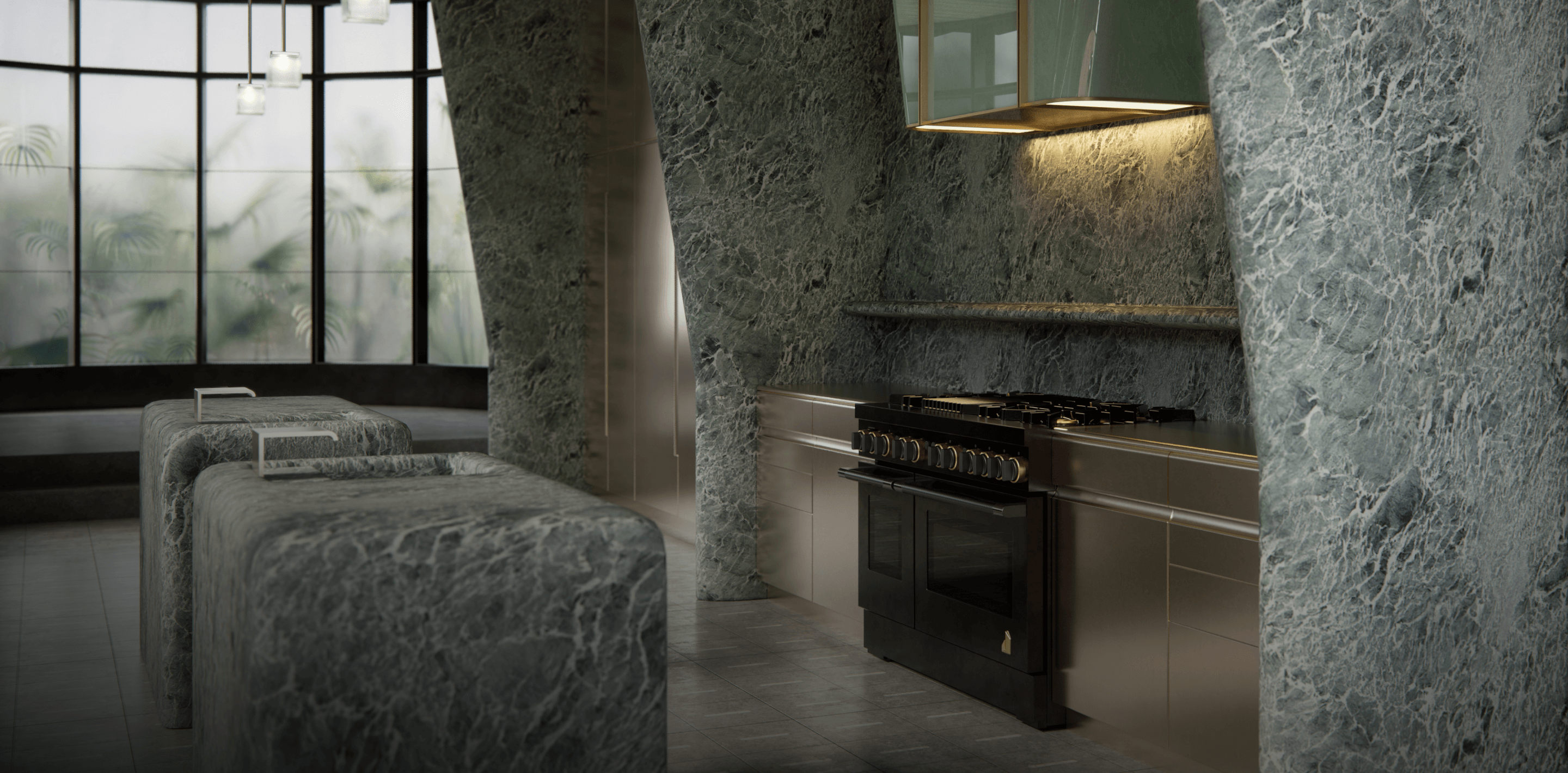 The kitchen designed by Kelly Wearstler in shades of subdued green.