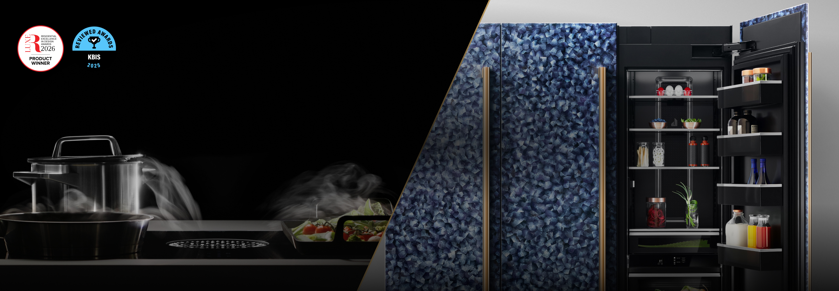 A side by side image of a set of columns in Mussel Shell Blue and a new downdraft induction cooktop.