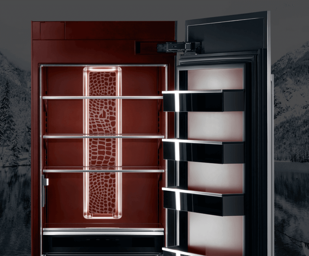 An open refrigerator column on a snowy mountain background.