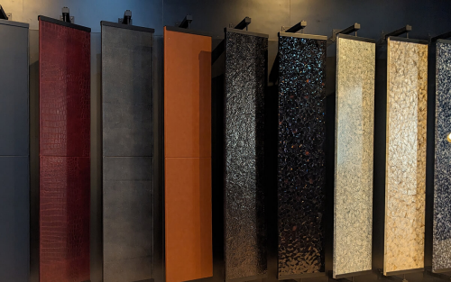 A collection of the Elements and Cuts Column Panels hanging together at the KBIS 2025 booth.